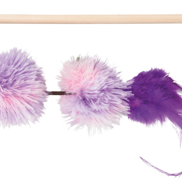 Vábnička/prut s pompon míčky a peřím, 40cm