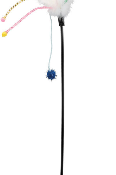 Škádlítko s peřím a provázky ukončené kuličkami, 41cm