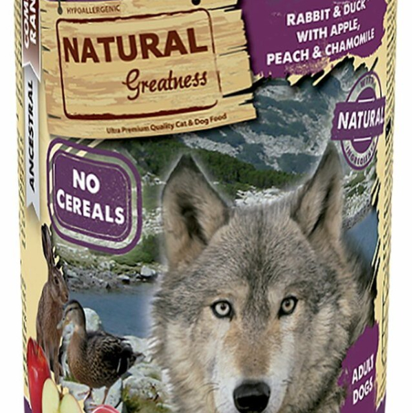 Natural Greatness králík, kachna, jablka, broskve, konzerva pro psy 400 g