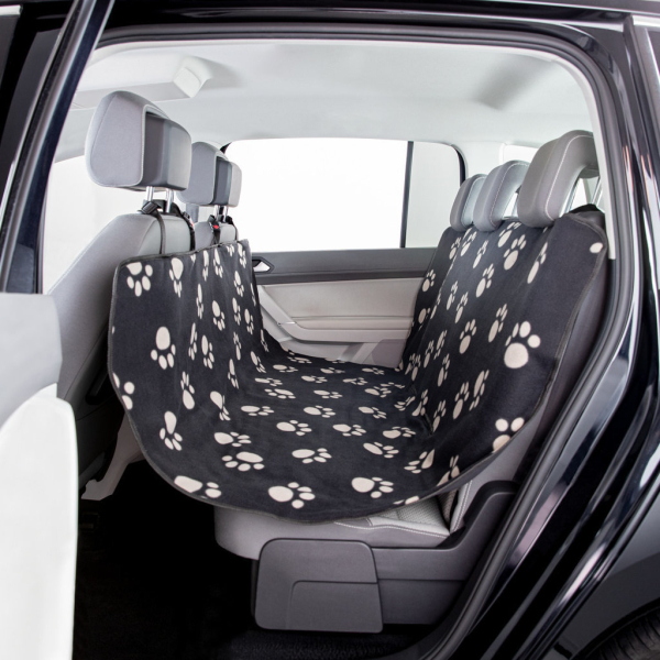 Autopotah nylon/flís, černý s béžovými packami 1,40 x 1,45 m