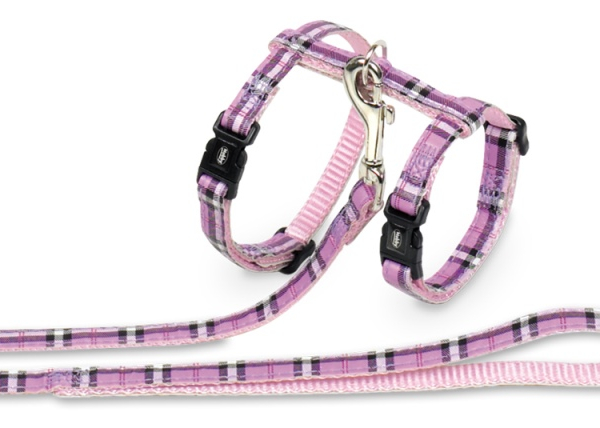 Nobby Tartan fialový set postroj + obojek pro kočku