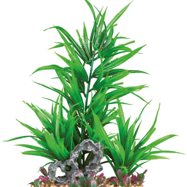 Akvarijní rostlina zelená, ve štěrkovém lůžku, plast/polyester, 28cm - DOPRODEJ