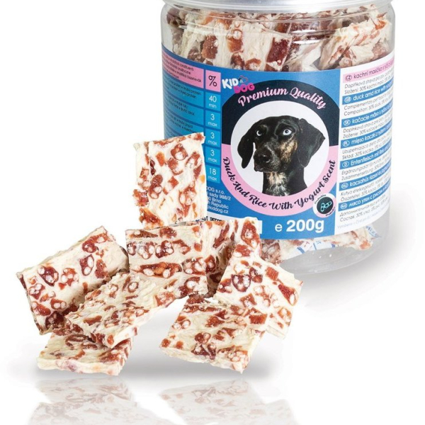 KIDDOG kachní masíčko s rýží a jogurtovou náplní - PREMIUM QUALITY 200 g dóza