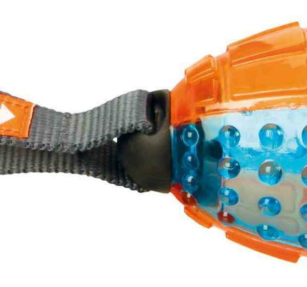 TPR termoplastový rugby míč s poutkem, 12cm/27cm oranž/modrá - DOPRODEJ