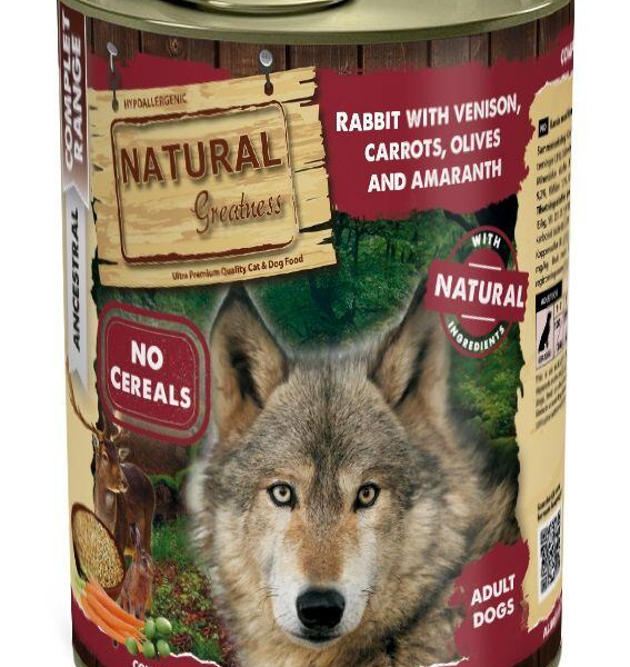 Natural Greatness králík, zvěřina, mrkev, olivy, amarant konzerva pro psy 400 g