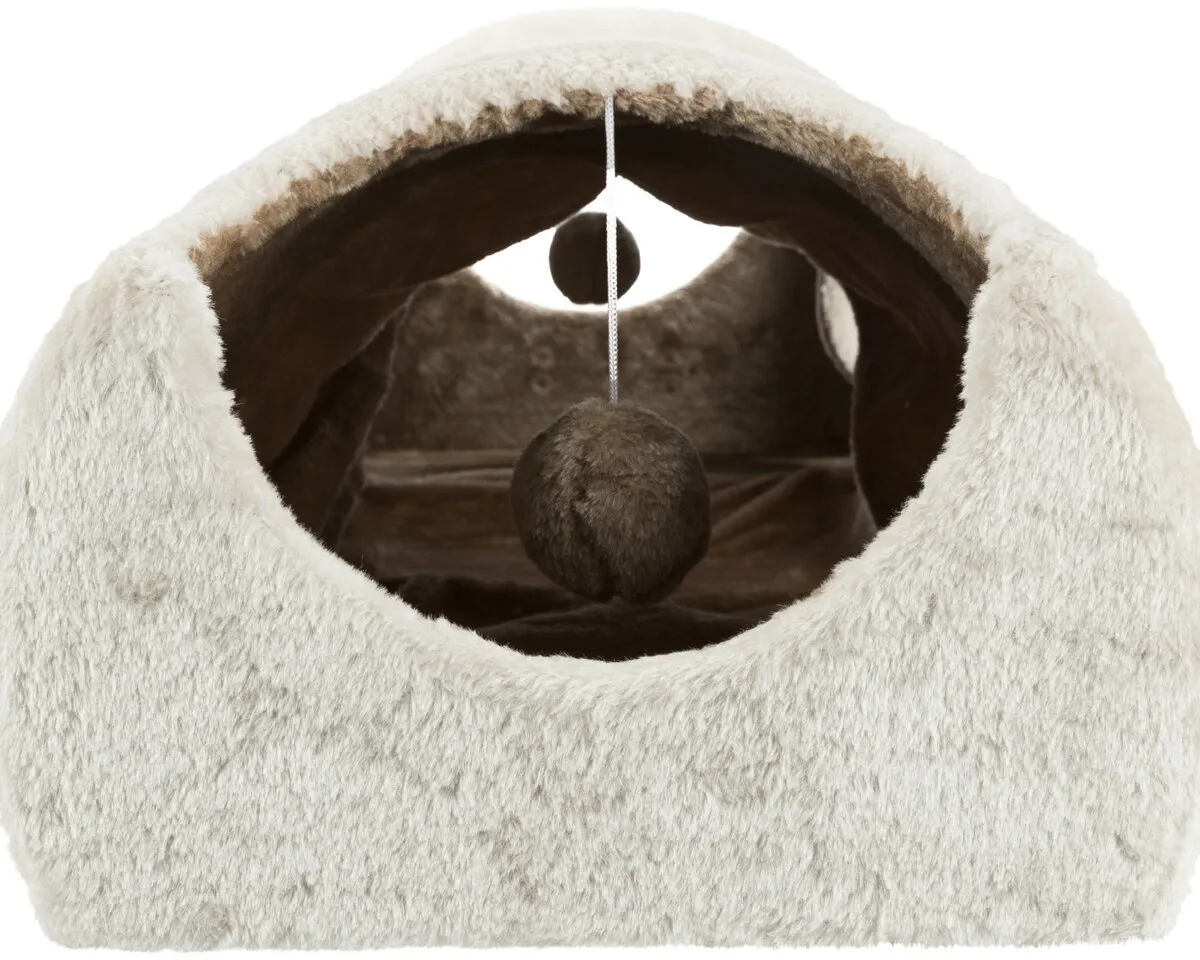 Plyšový škrábací tunel pro kočky 110x30x38 cm -sv.šedý/hnědý