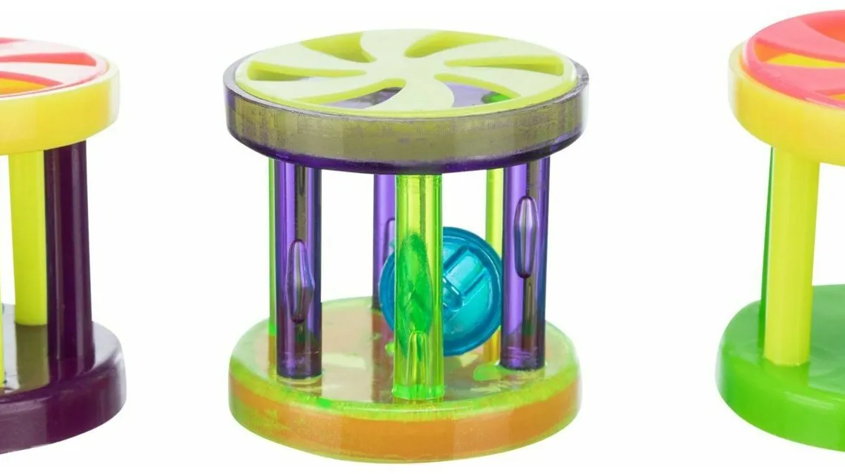 Plastový míček/klec s rolničkou 4,5cm/4cm ( 60ks dóza)
