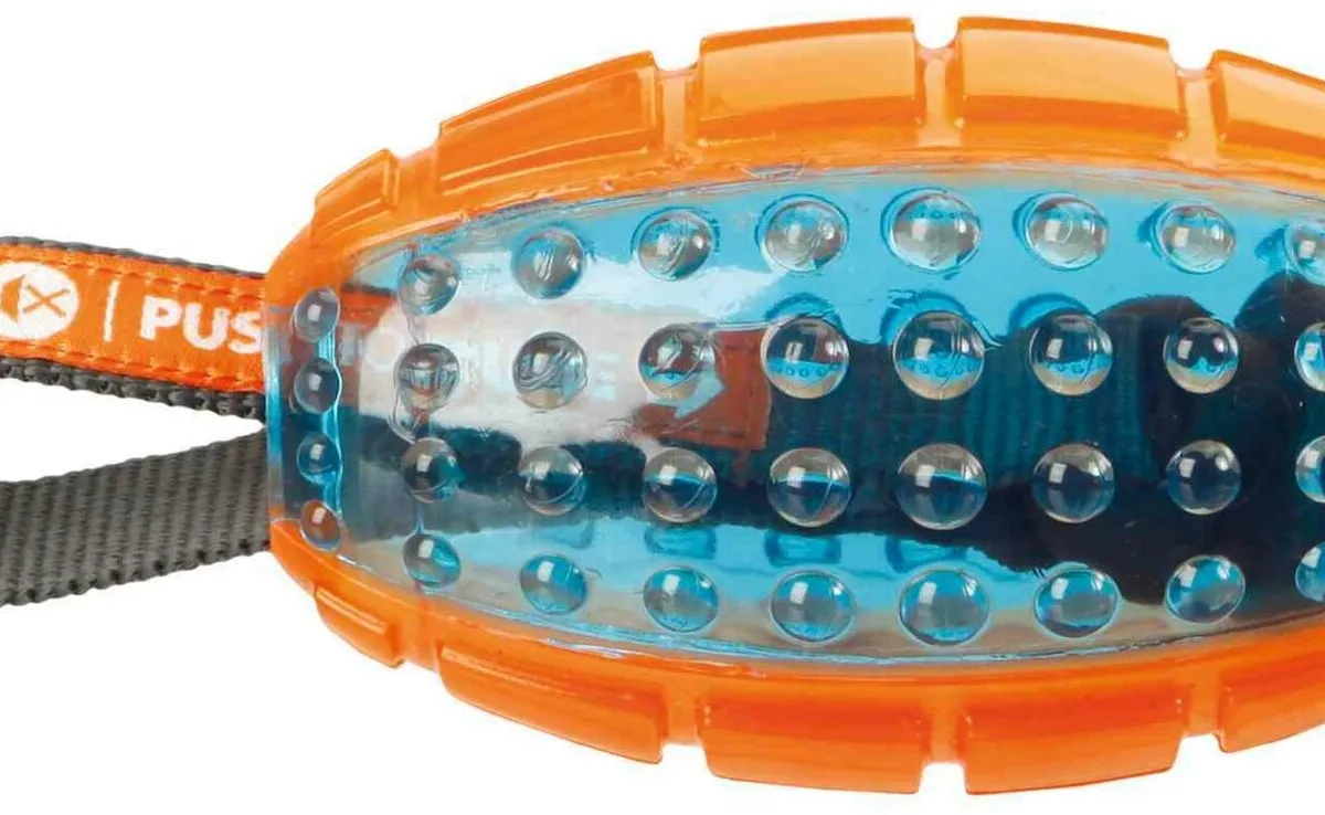 TPR termoplastový rugby míč s poutkem, 12cm/27cm oranž/modrá - DOPRODEJ