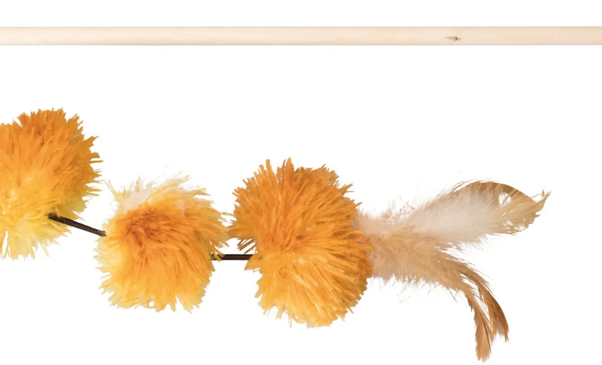 Vábnička/prut s pompon míčky a peřím, 40cm