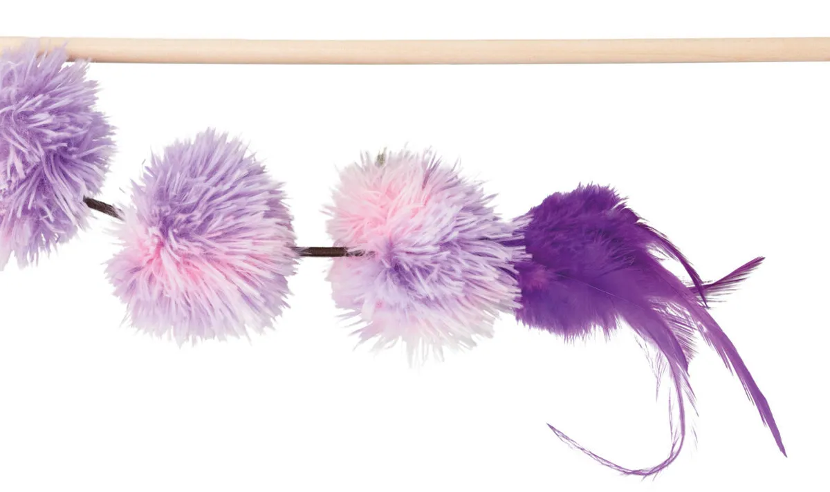 Vábnička/prut s pompon míčky a peřím, 40cm