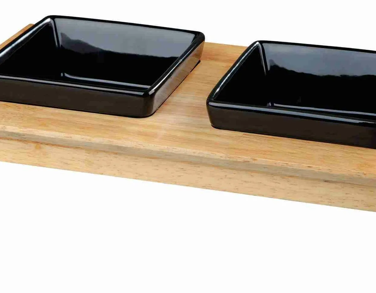 Dřevěný bar, 2x keramická čtyřhranná miska, á 0,2 l / 10 x 10 cm, černá