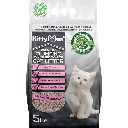 KITTYMAX hrudkující, bezprašný bílý bentonit BABY POWDER