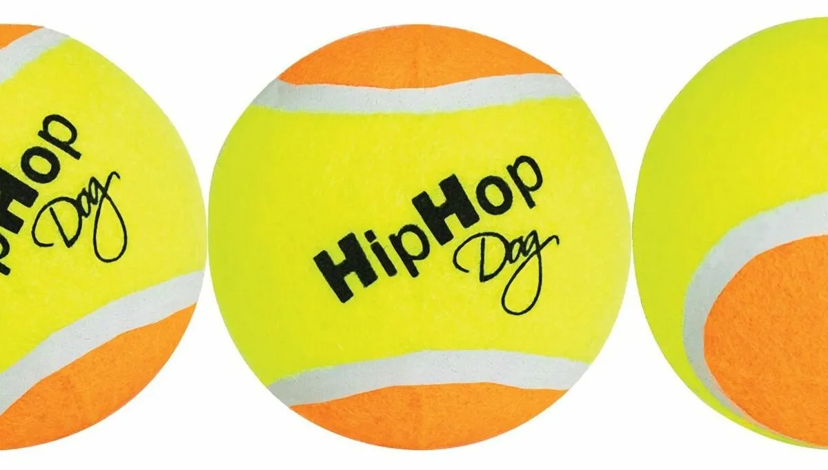 Balení-tenisový míč barevný 6,5 cm HIPHOP DOG (3 ks v bal.)