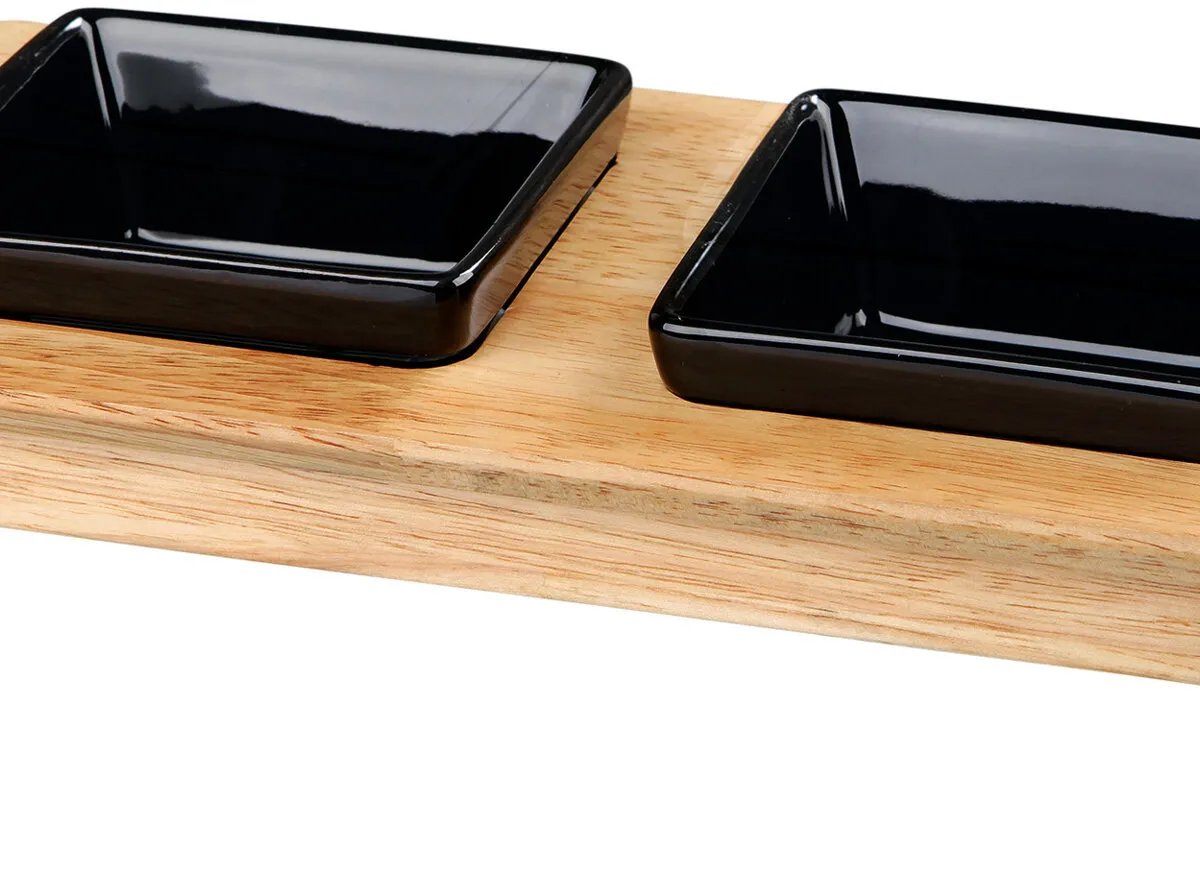 Dřevěný bar, 2x keramická čtyřhranná miska, á 0,2 l / 10 x 10 cm, černá