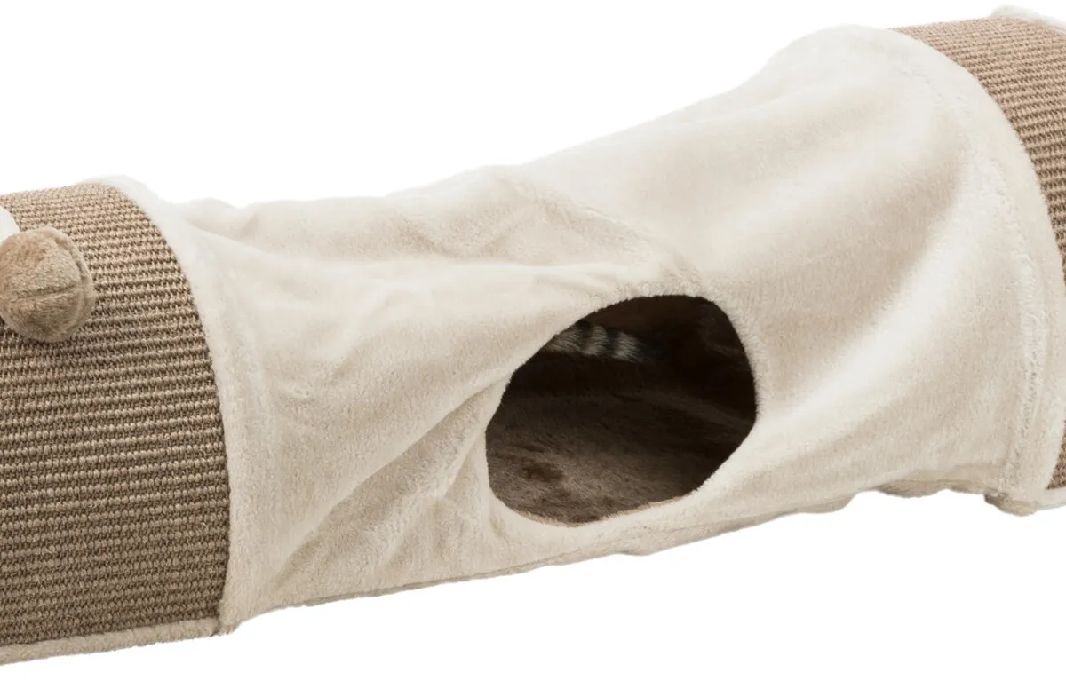 Plyšový škrábací tunel pro kočky 110x30x38 cm -sv.šedý/hnědý