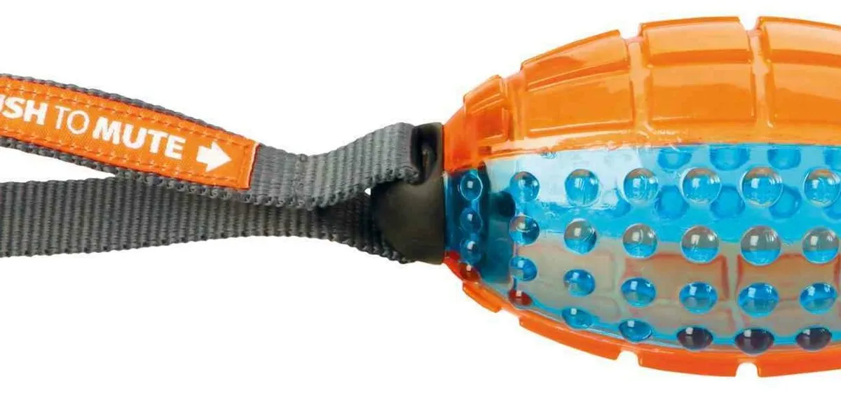 TPR termoplastový rugby míč s poutkem, 12cm/27cm oranž/modrá - DOPRODEJ