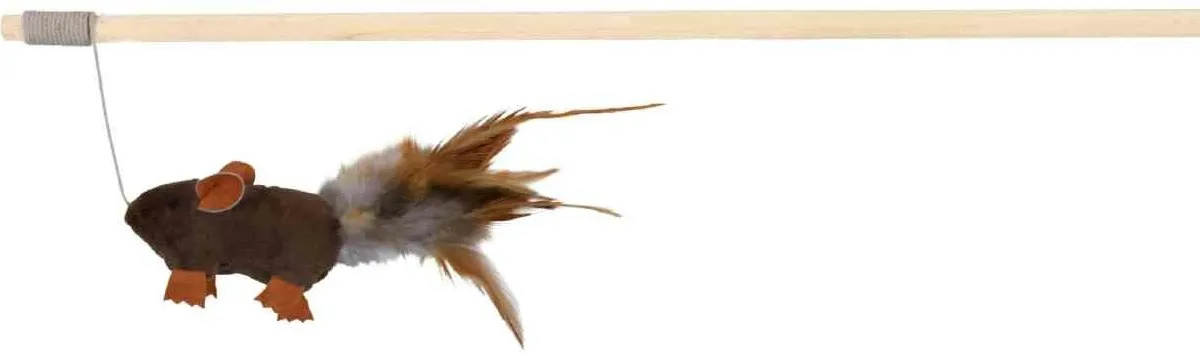 Dřevěná udice s plyšovou myší a peřím 50 cm